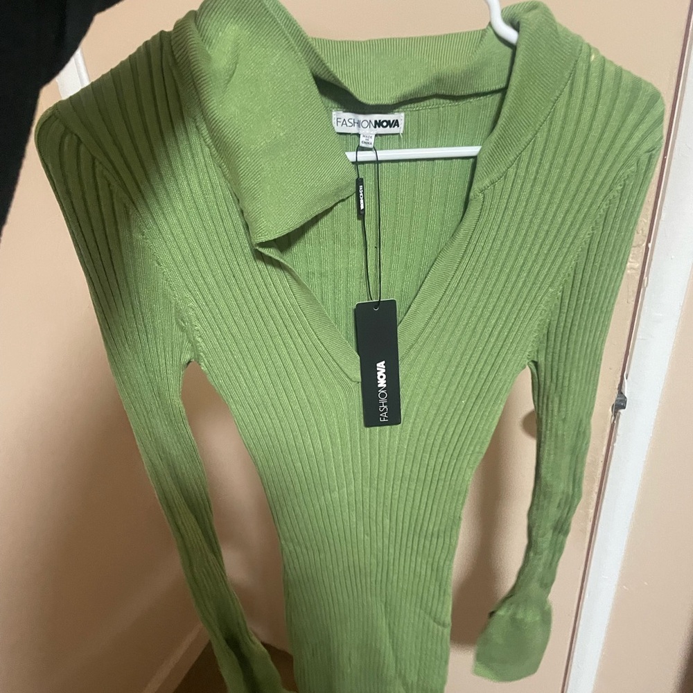 GREEN LONG SLEEVE RIBBED DRESS